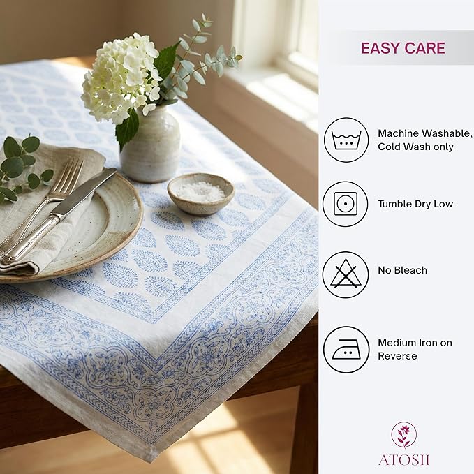 ATOSII Amalfi 100% Cotton Boho Rectangle Fall Tablecloth, Handblock Print Table Cloth for Kitchen I Dining Table Linen Fall Décor I Parties Wedding Outdoor Christmas Thanksgiving I Fall 60 X 90 Inches