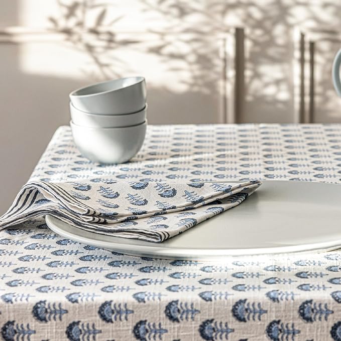 Over&Back Hand-Screened Tablecloth - Dining Table Cover - Each Tablecloth is Unique - 100% Cotton - Machine Washable - Kitchen and Home Decor - Blue Flower - 70x108