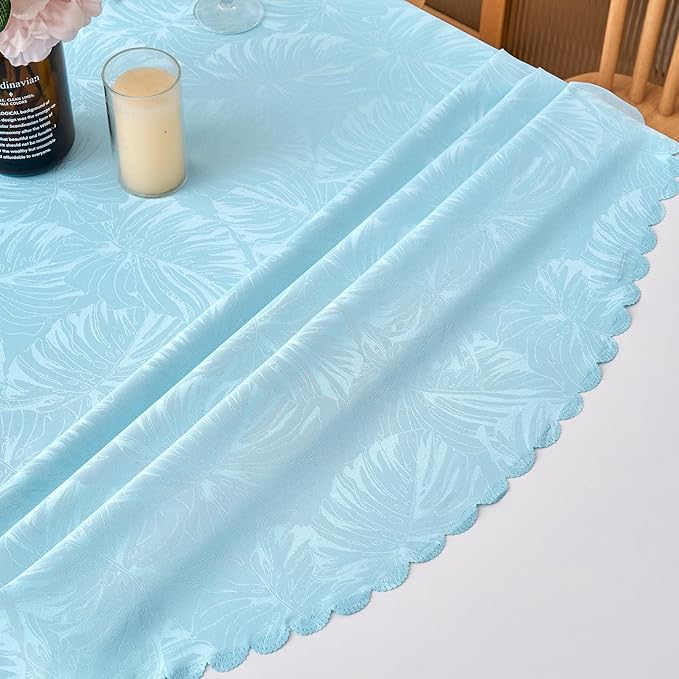 Oval Tablecloth 60x84 Inch Blue Table Cloth Leaves Pattern Scalloped Edge Silky Soft Fabric Waterproof Wrinkle Free Washable Table Cover for Kitchen Dinning Party Decoration