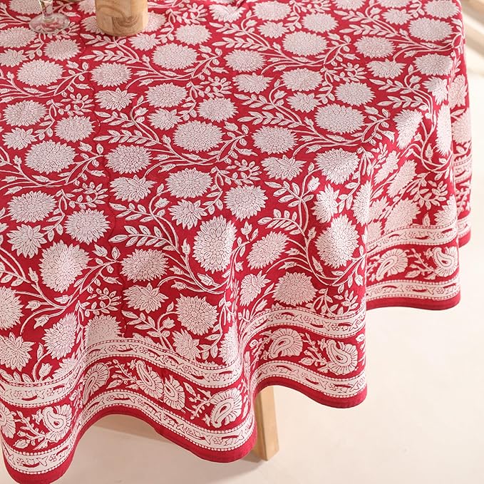 Hand Block Printed Table Cover - Exquisite Design, Premium Cotton Fabric, Perfect for Dining and Decor, Dining Table Linen (Cloudy Red Grace, 6 Seater 72 Inches Round)