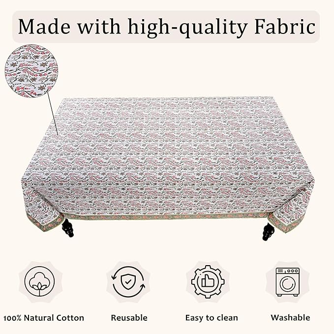 Ridhi Hand Block Print Coral Pink Rectangle Cotton Tablecloth 120" x 80" Reusable Table Cover Decorative Everyday Use for Dining, Farmhouse, Home Gift for Spring, Easter, Valentine