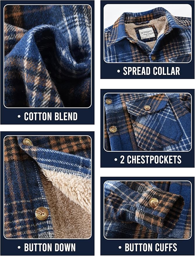 Men's Cotton Sherpa Lined Button Down Flannel Shirt Jacket Plaid Soft Outdoor Flannel Jacket Shirt