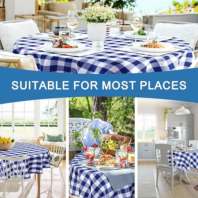 Hiasan Checkered Round Tablecloth 40 Inch - Waterproof Stain and Wrinkle Resistant Washable Fabric Table Cloth for Dining Room Party Outdoor Picnic,Royal Blue and White