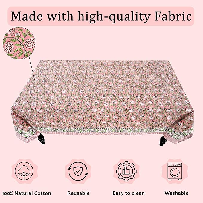 Ridhi Hand Block Print Strawberry Pink Rectangle Cotton Tablecloth 120" x 80" Reusable Table Cover Decorative Everyday Use for Dining, Farmhouse, Home Gift for Spring, Easter, Valentine