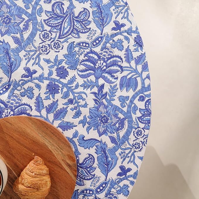Hand Block Printed Table Cover - Exquisite Design, Premium Cotton Fabric, Perfect for Dining and Decor, Dining Table Linen(Midnight Blue,6 Seater 72 Inches Round)