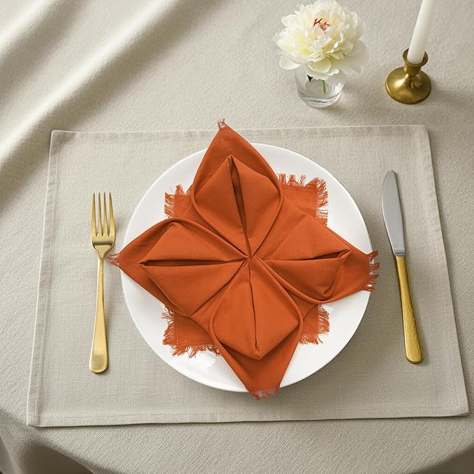 Lightnpro Cotton Napkins Set of 12, Beautiful Handmade Fringe Dinner Cloth Napkins, Washable and Reusable for Dining, Parties, Weddings, Holiday & Everyday Use - 18x18 Inch Rust Color