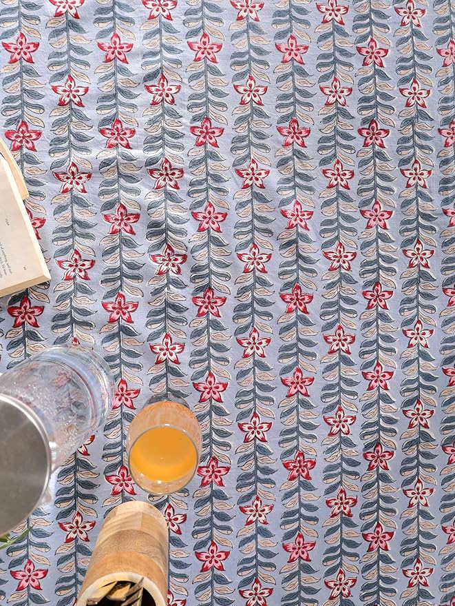Hand Block Printed Table Cover - Exquisite Design, Premium Cotton Fabric, Perfect for Dining and Decor, Dining Table Linen (Gray Petal Glow, 8 Seater 72 x 108 Inches Rectangle)