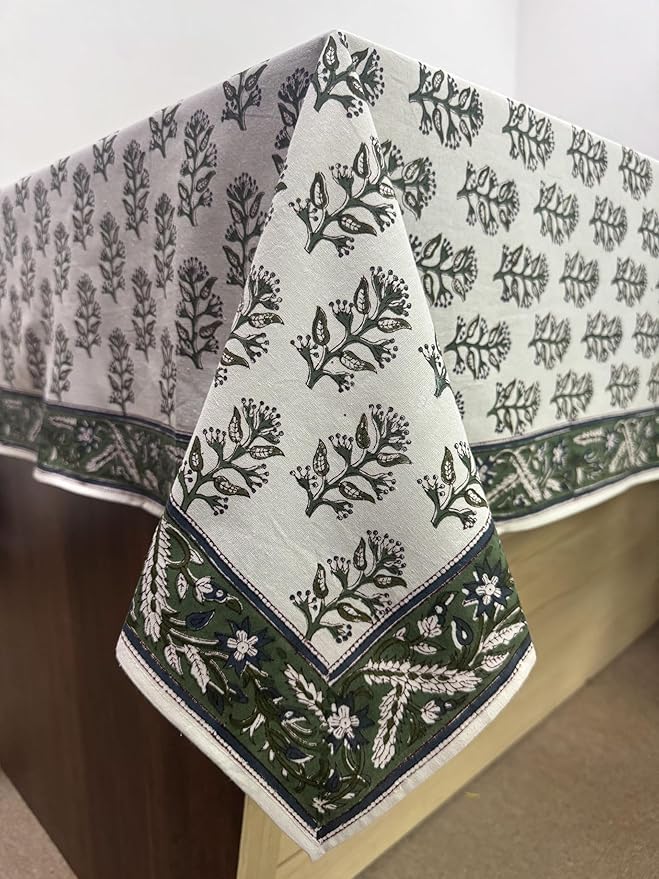 Ridhi Hand Block Print Evergreen Grace Rectangle Cotton Tablecloth 108" x 60" Reusable Table Cover Decorative Everyday Use for Dining, Farmhouse, Home Gift for Spring, Easter, Valentine