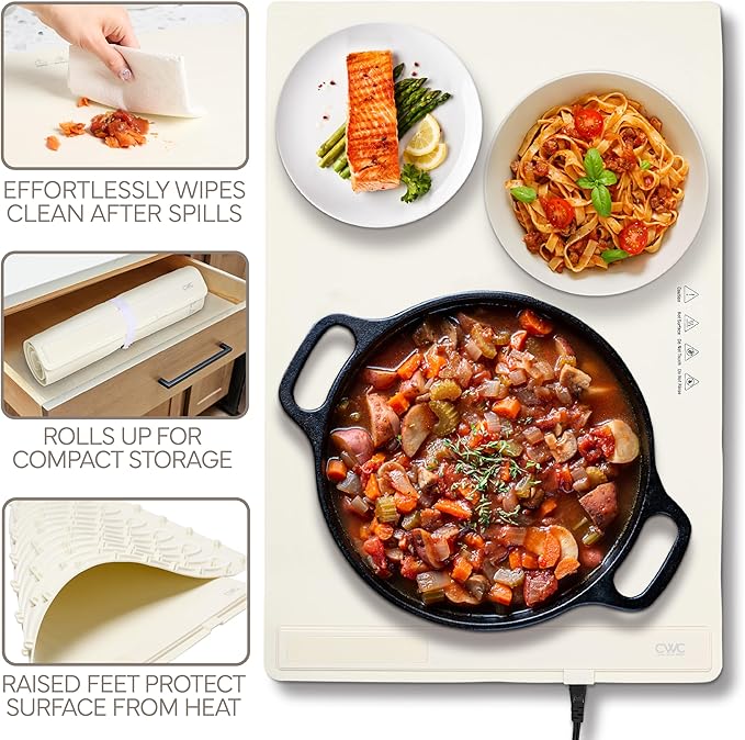 COOK WITH COLOR 350W Electric Food Warming Mat - Portable Food Warmer Tray with Adjustable Temperature, Fast 60-Second Heating, Auto Shut-Off, Rollable Silicone Pad for Parties & Everyday Use, Cream