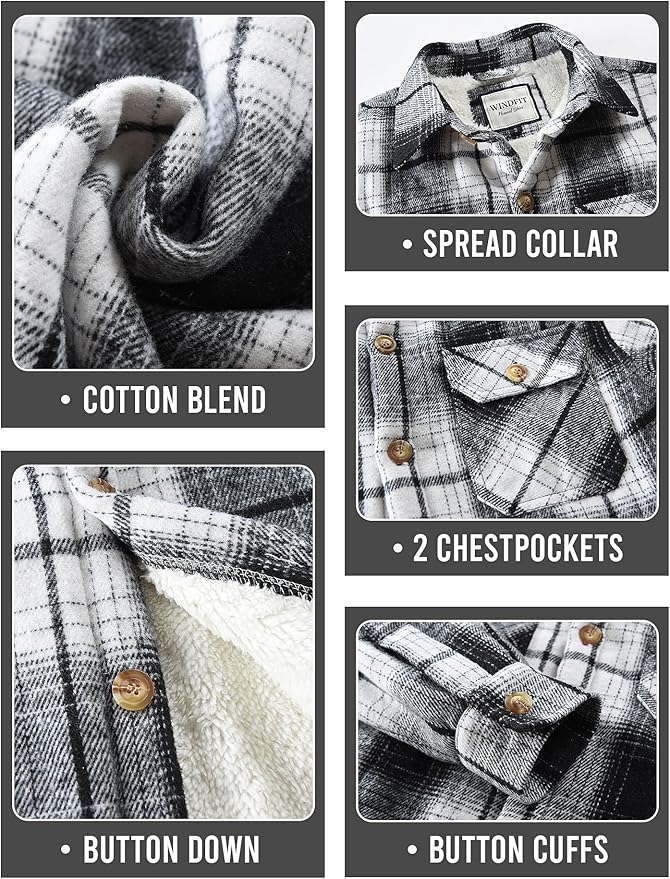 Men's Cotton Sherpa Lined Button Down Flannel Shirt Jacket Plaid Soft Outdoor Flannel Jacket Shirt