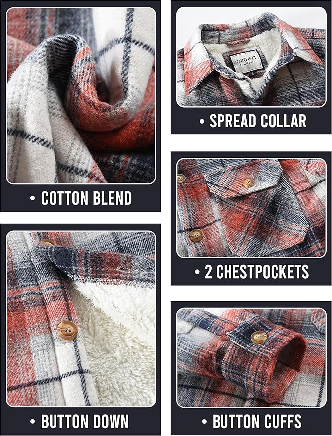 Men's Cotton Sherpa Lined Button Down Flannel Shirt Jacket Plaid Soft Outdoor Flannel Jacket Shirt