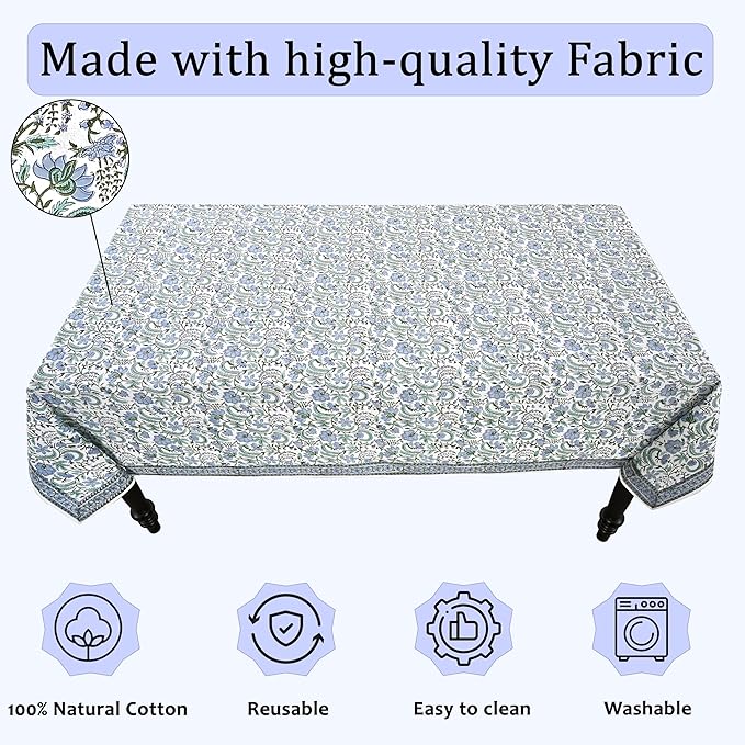 Ridhi Hand Block Print Columbia Blue Rectangle Cotton Tablecloth 120" x 80" Reusable Table Cover Decorative Everyday Use for Dining, Farmhouse, Home Gift for Spring, Easter, Valentine