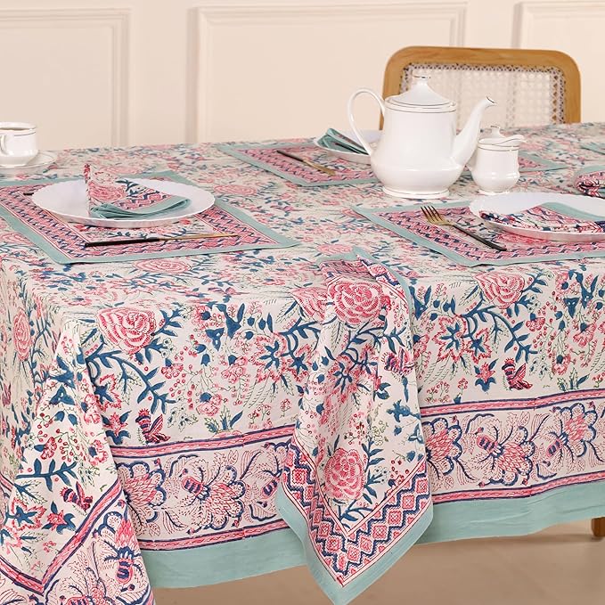 Hand Block Printed Table Cover - Exquisite Design, Premium Cotton Fabric, Perfect for Dining and Decor, Dining Table Linen(Salmon Pink,10 Seater 70 x 118 Inches Rectangle)