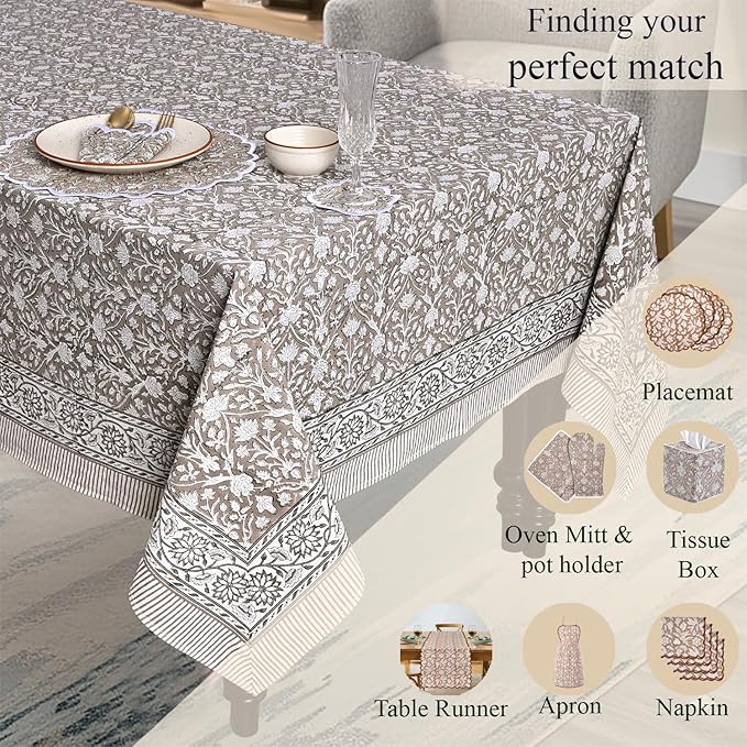 Ridhi Hand Block Print Taupe Rectangle Cotton Tablecloth 160" x 72" Reusable Table Cover Decorative Everyday Use for Dining, Farmhouse, Home Gift for Spring, Easter, Valentine