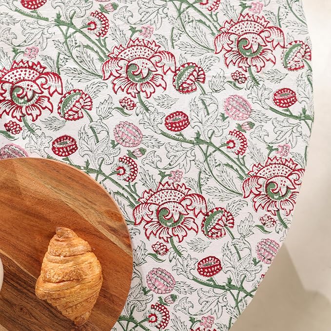 Hand Block Printed Table Cover - Exquisite Design, Premium Cotton Fabric, Perfect for Dining and Decor, Dining Table Linen (Stone Green Blossom, 6 Seater 72 Inches Round)