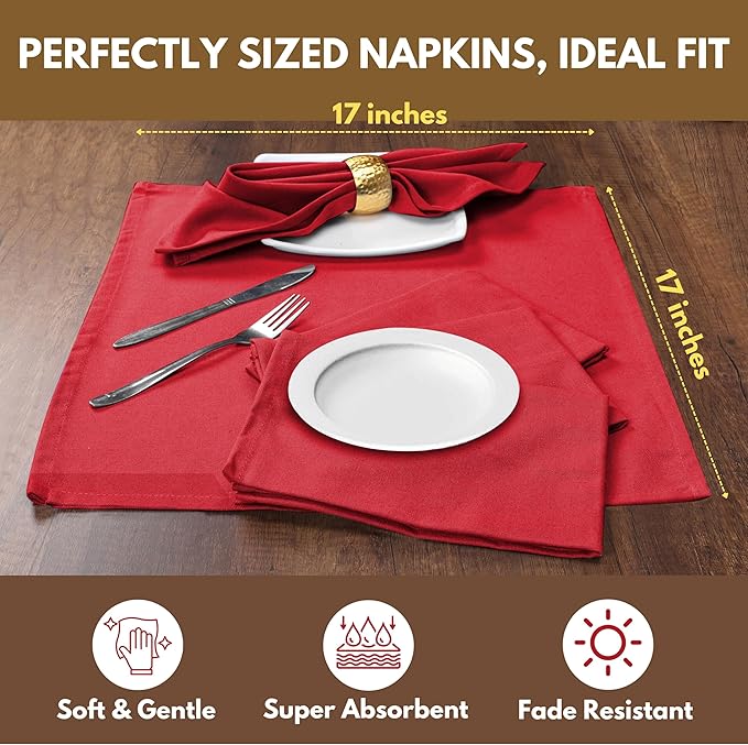 Native Fab Solid Cloth Napkin Set of 4, 100% Cotton, Washable, Reusable Dinner Cloth Napkin 17x17 inches, Table Decor Napkins for Dinner, Events, Red