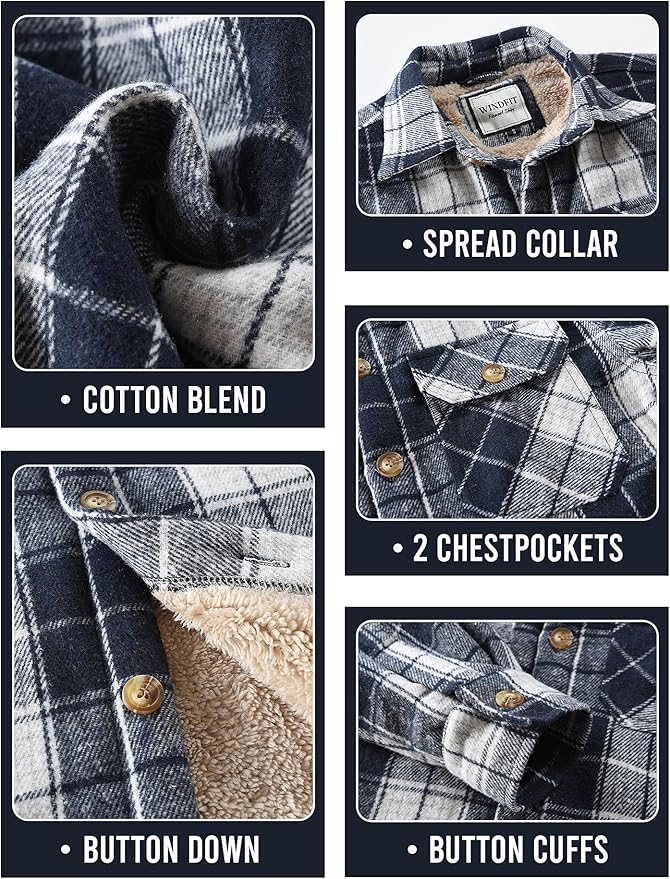 Men's Cotton Sherpa Lined Button Down Flannel Shirt Jacket Plaid Soft Outdoor Flannel Jacket Shirt