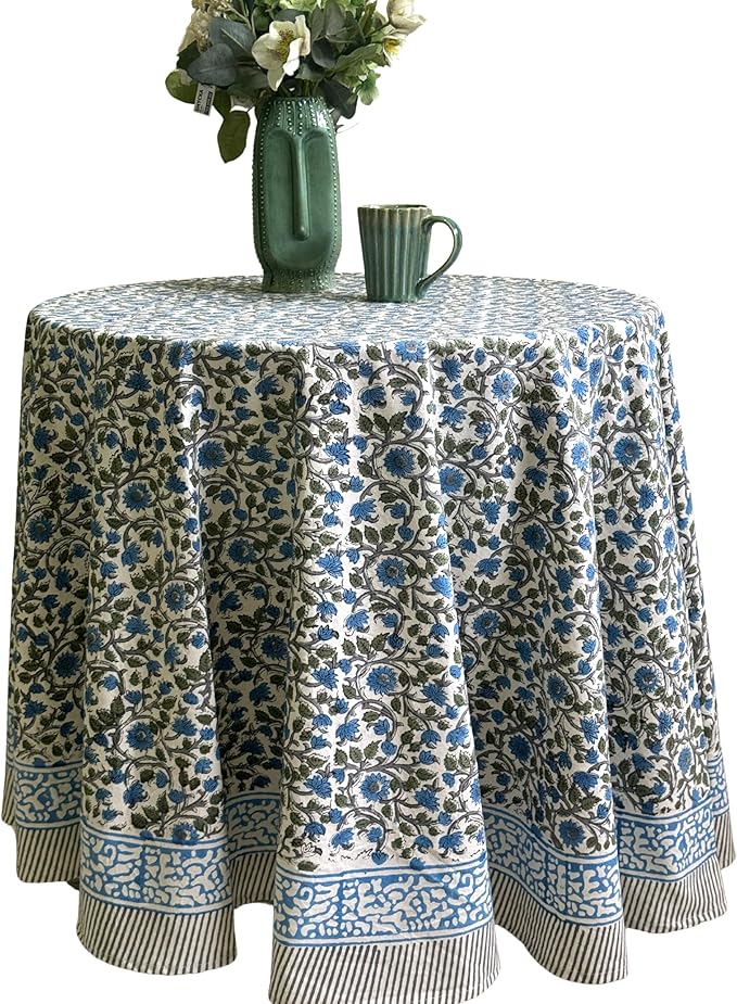 ATOSII Lake Como 100% Cotton Summer Round Tablecloth, Block Print Table Cloth for Dining, Weddings, Outdoors, Parties I Grand Millenial Farmhouse Coastal Boho Home Decor 60" Inches