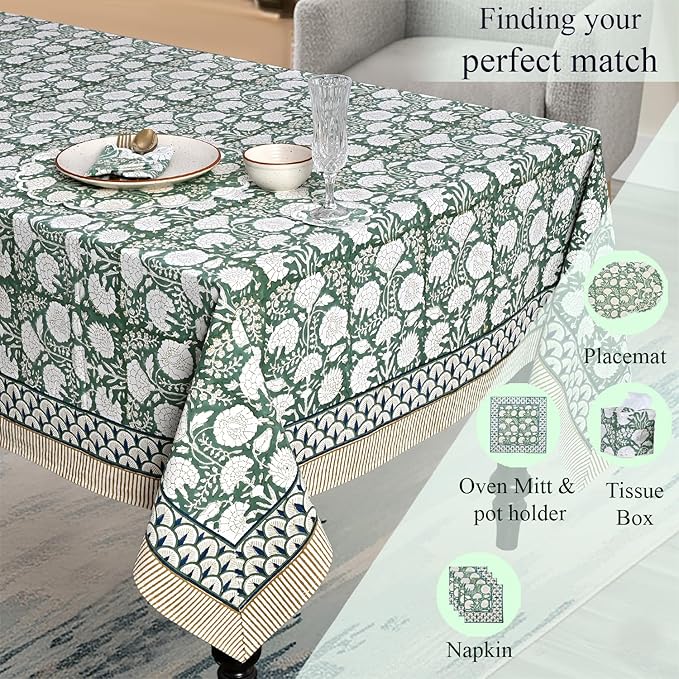 Ridhi -Turquoise Moss Green Cotton Tablecloth, Handblock Print Floral Table Cloth for Kitchen Dining Linen I Thanksgiving, Christmas, Wedding, Fall Décor 4 Seater 60x60 Inches Square