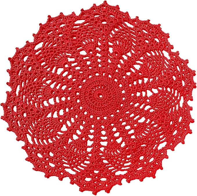 BIBITIME 2 PCS 11 in to 12 in Lace Doilies Crochet Handmade Lace Coasters Round Placemat Rustic Table Doilies Decors for Kitchen Dining Room Party Dressers Red