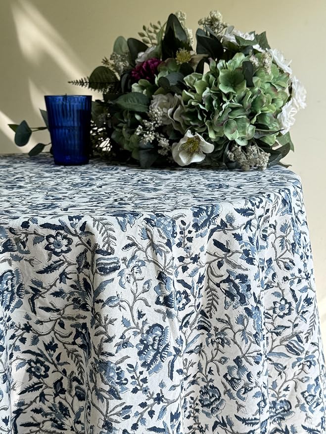 ATOSII Jodhpur Blue 100% Cotton Round Tablecloth, Handblock Print Floral Table Cloth for Kitchen Dining Linen I Parties, Weddings, Outdoors, Christmas I Fall Home Decor 72" Inches Round