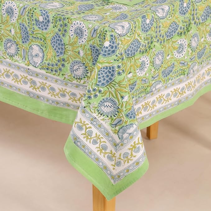 Hand Block Printed Table Cover - Exquisite Design, Premium Cotton Fabric, Perfect for Dining and Decor, Dining Table Linen(Asparagus Green,14 Seater 72 x 160 Inches Rectangle)