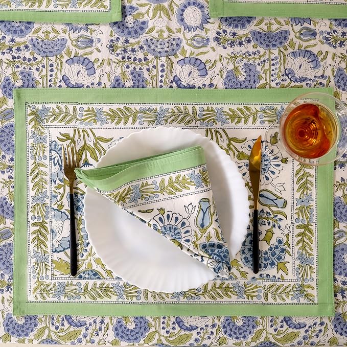 Hand Block Printed Table Cover - Exquisite Design, Premium Cotton Fabric, Perfect for Dining and Decor, Dining Table Linen(Moss Green,6 Seater 60 x 90 Inches Rectangle)