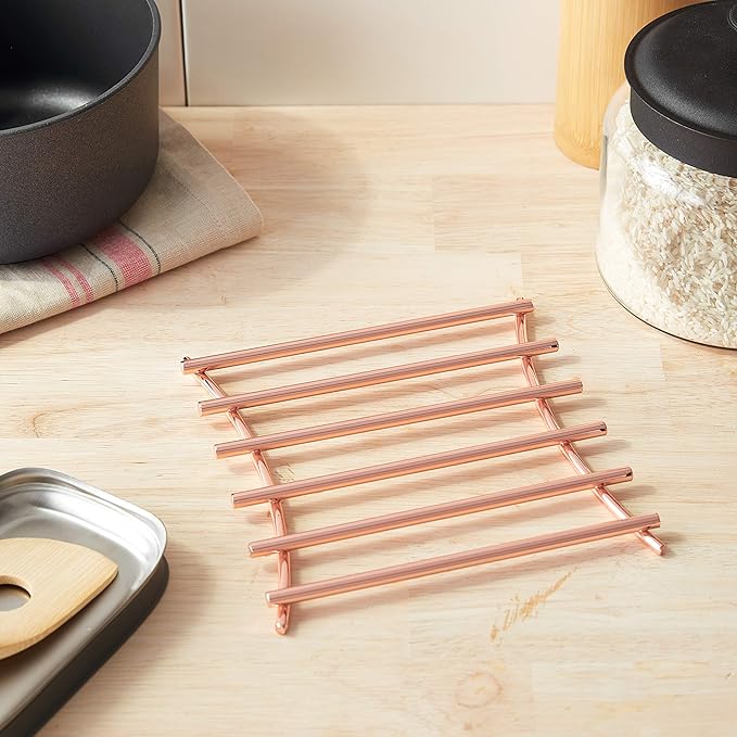 Spectrum Trivets for Hot Dishes Pots and Pans Heat Resistant Protector for Kitchen Counter Dining Tables, Large 8 Inch Euro Square Decorative Metal Trivet Countertop Hot Pot Plate Dish Holder, Copper