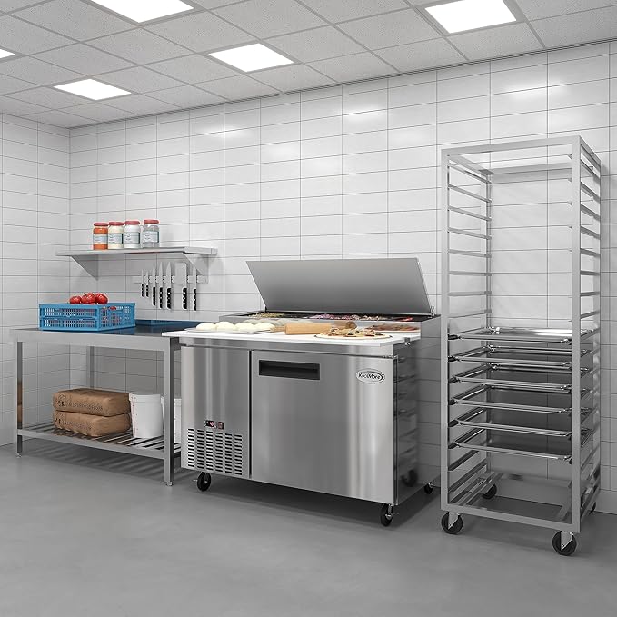 KoolMore 50 Inch Commercial Pizza Prep Table with Built-in Refrigerator, Cutting Board, Food Protection Lid, Cold Storage, Rolling Casters in Stainless Steel,ETL Listed (KM-RPPS-1DSS)