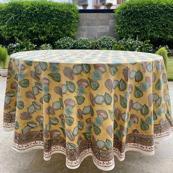 Ridhi Latte Yellow 100% Cotton Round 132 Tablecloth Hand Block Print Washable Reusable Table Cover Farmhouse Parties Buffet Dining Weddings Country French Easter Summer Fall Spring Thanksgiving
