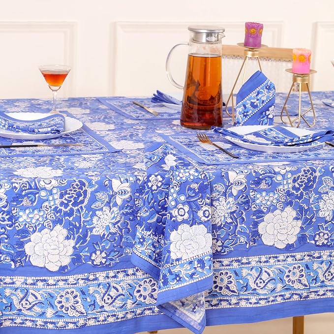 Hand Block Printed Table Cover - Exquisite Design, Premium Cotton Fabric, Perfect for Dining and Decor, Dining Table Linen(Prussian Blue,12 Seater 72 x 135 Inches Rectangle)