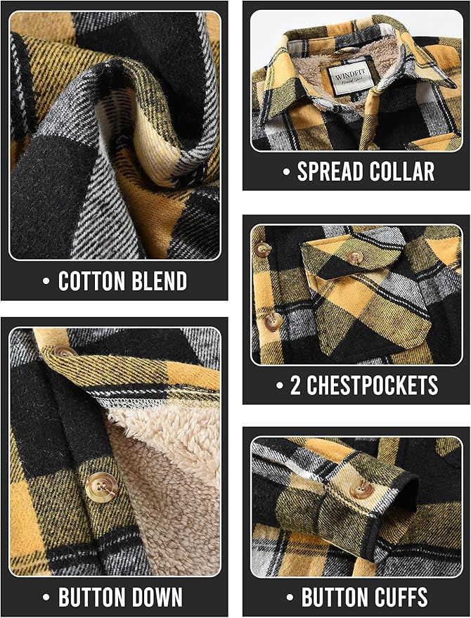 Men's Cotton Sherpa Lined Button Down Flannel Shirt Jacket Plaid Soft Outdoor Flannel Jacket Shirt
