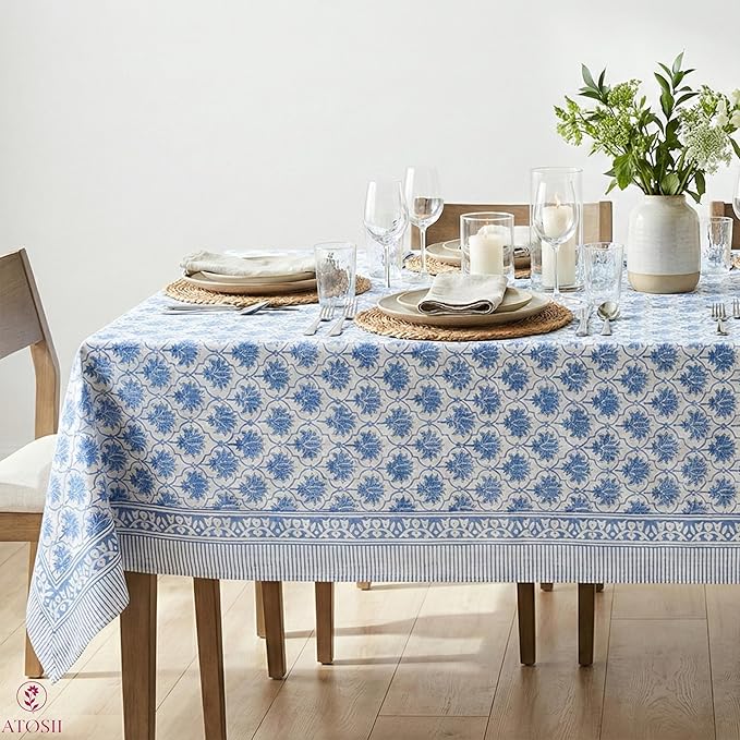 ATOSII Padma Blue 100% Cotton Square Summer Tablecloth, Indian Block Print Floral Table Cloth I Dining Parties Weddings Outdoors Holidays 60 X 60 Inches, 4 Seater I Grandmillennial Farmhouse Boho