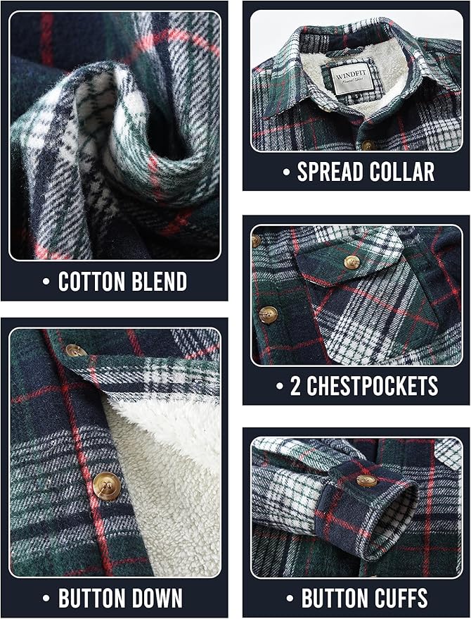 Men's Cotton Sherpa Lined Button Down Flannel Shirt Jacket Plaid Soft Outdoor Flannel Jacket Shirt