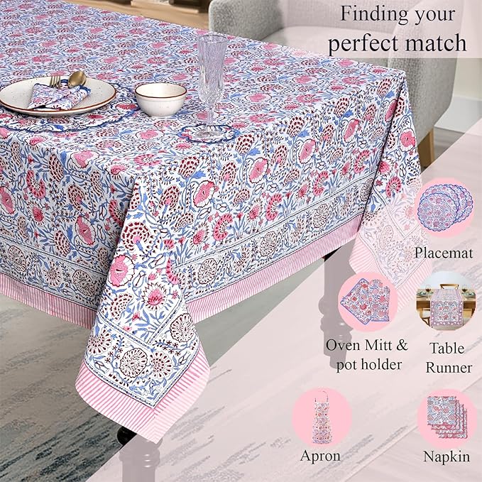 Ridhi Hand Block Print Pigeon Blue Flamingo Pink Rectangle Cotton Tablecloth 90" x 60" Reusable Table Cover Decorative Everyday Use for Dining, Farmhouse, Home Gift for Spring, Easter, Valentine