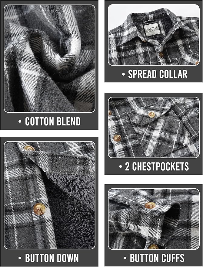 Men's Cotton Sherpa Lined Button Down Flannel Shirt Jacket Plaid Soft Outdoor Flannel Jacket Shirt