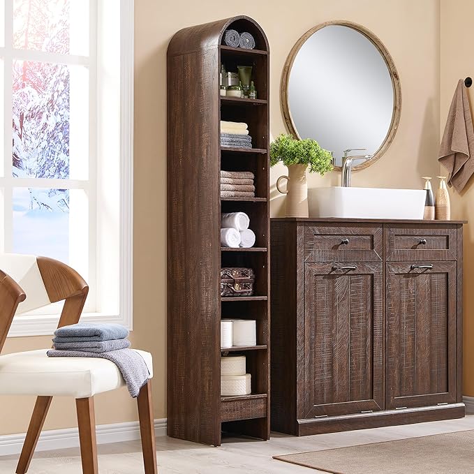 67" Tall Arched Bookshelf, 8 Tiers Arch Bookcase with Storage, Modern Farmhouse Book Shelf with Adjustable Shelves, Wood Bookshelf w/Open Display Shelves for Living Room, Office (Brown)