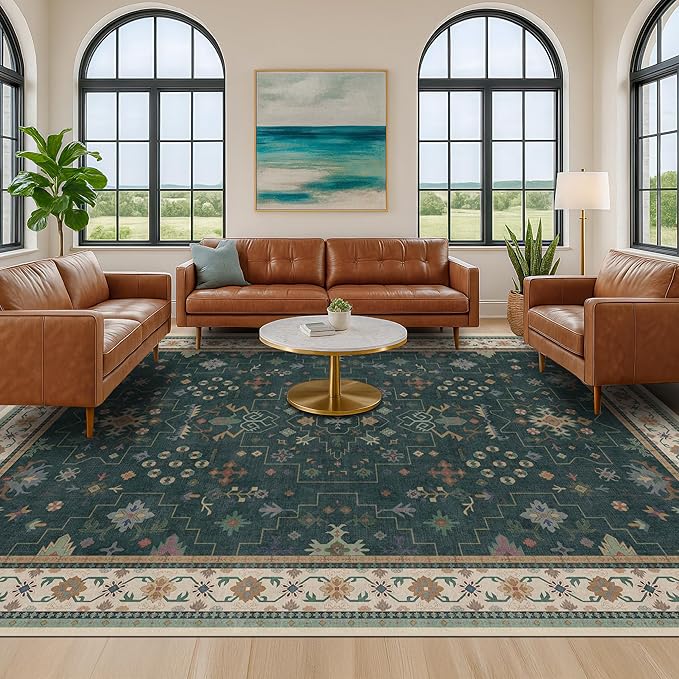 Dark Green Vintage 8x10 Washable Rugs for Living Room - Dark Academia Victorian Floral Geometric Bedroom Rug, Ultra Soft Thin Low Pile Non-Slip Large Rugs for Dining Room Under Table Lounge