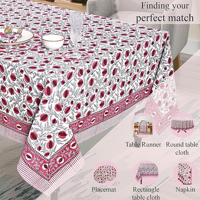 Ridhi Hand Block Print Sangria Red Rectangle Cotton Tablecloth 190" x 72" Reusable Table Cover Decorative Everyday Use for Dining, Farmhouse, Home Gift for Spring, Easter, Valentine