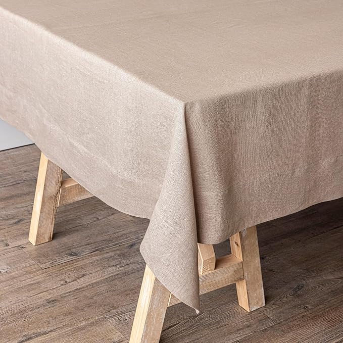 Over&Back 100%-Linen Woven Tablecloth - Colorful Dining Room Table Cover - Mitered Corner Hems - Machine Washable - Kitchen and Home Decor - Taupe - 70x90