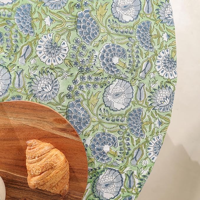 Hand Block Printed Table Cover - Exquisite Design, Premium Cotton Fabric, Perfect for Dining and Decor, Dining Table Linen(Asparagus Green,6 Seater 72 Inches Round)