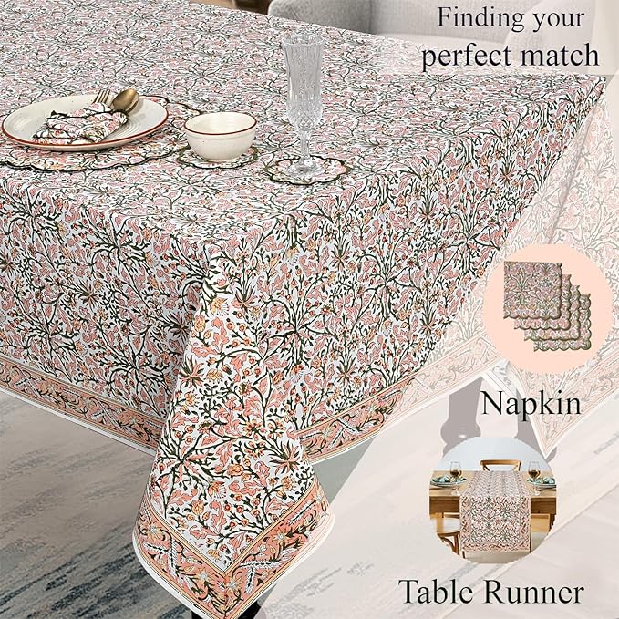 Ridhi Hand Block Print Sassy Salmon Emerald Green Rectangle Cotton Tablecloth 190" x 72" Reusable Table Cover Decorative Everyday Use for Dining, Farmhouse, Home Gift for Spring, Easter, Valentine
