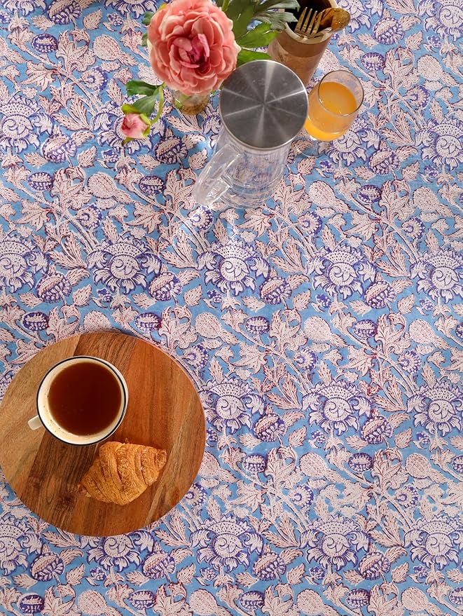 Hand Block Printed Table Cover - Exquisite Design, Premium Cotton Fabric, Perfect for Dining and Decor, Dining Table Linen (Flamingo Bloom Gray, 6 Seater 60 x 90 Inches Rectangle)