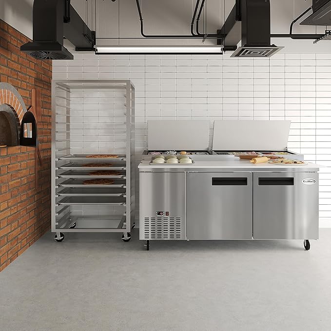 KoolMore 71 in. Commercial Pizza Prep Table with Built-In Refrigerator, Cutting Board, Food Protection Lid, Cold Storage, Rolling Caster Wheels in Stainless Steel, ETL Listed, (KM-RPPS-2DSS)
