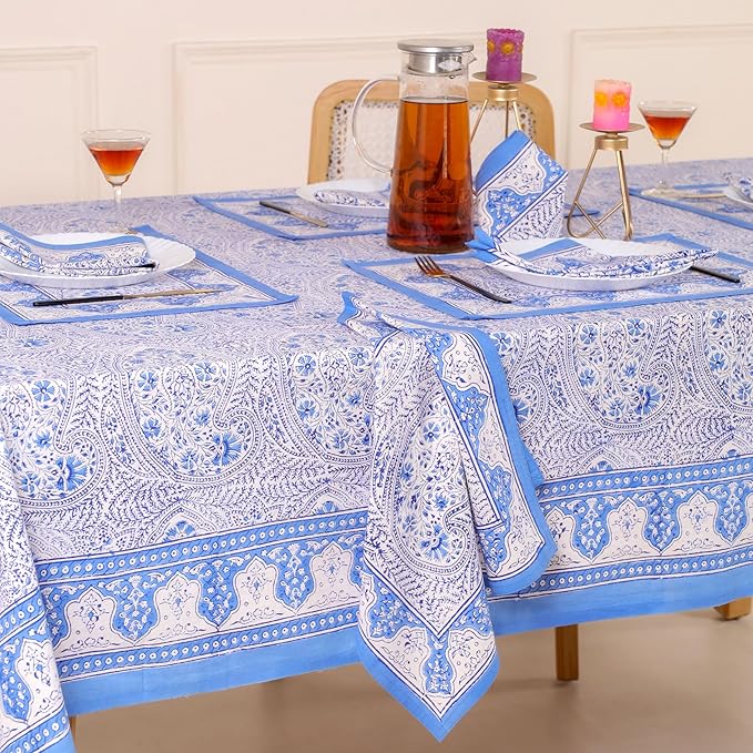 Hand Block Printed Table Cover - Exquisite Design, Premium Cotton Fabric, Perfect for Dining and Decor, Dining Table Linen(Arctic Blue,8 Seater 70 x 108 Inches Rectangle)
