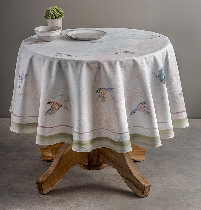 Maison d' Hermine Table Cloth Round Table 100% Cotton 69 Round Inches Tablecloth Reusable Decorative for Dining Room Farmhouse Home Valentines Day Decorations Spring Summer - Flying Birds