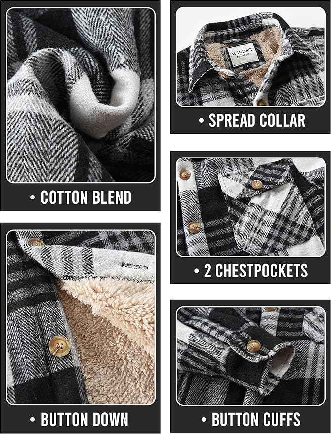 Men's Cotton Sherpa Lined Button Down Flannel Shirt Jacket Plaid Soft Outdoor Flannel Jacket Shirt