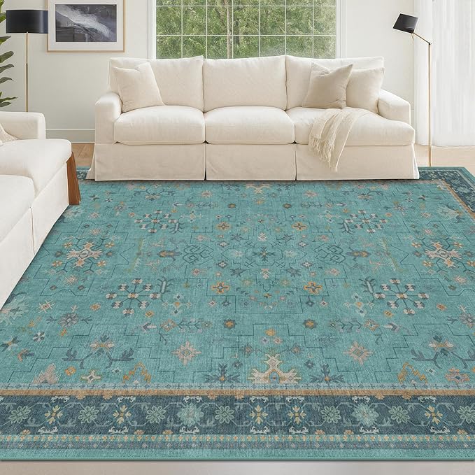5x7 Teal Rug for Living Room, Boho Turquoise Rugs for Bedroom, Modern Eclectic Low-Pile Carpet for Dining Table, Washable Non-Slip with Rubber Back