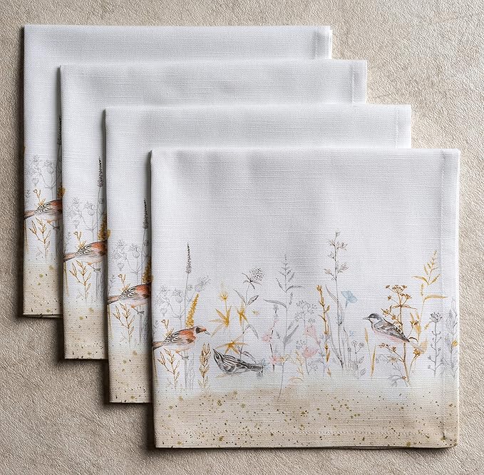 Maison d' Hermine Cloth Napkins Set of 4 100% Cotton Everyday Reusable Square Napkins Cloth Washable Dinner Wedding Valentines Day Decorations Spring/Summer (Meadow Florals - Beige, 20" x 20")