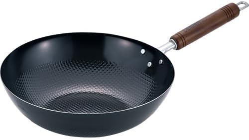 Wok pan Induction NonStick Cooker 11.8inch - Iron Embossed Surface Wood Handle Made in Japan